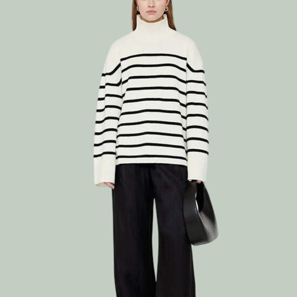 Anine Bing Courtney Sweater Cream Black Striped Wool Cashmere Turtleneck Small